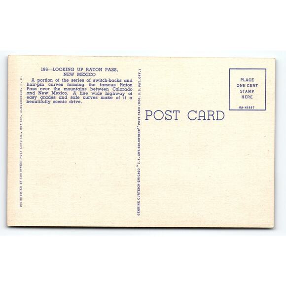 Vintage Linen Postcard Looking Up Raton Pass New Mexico Curvy Road - Picture 2 of 2